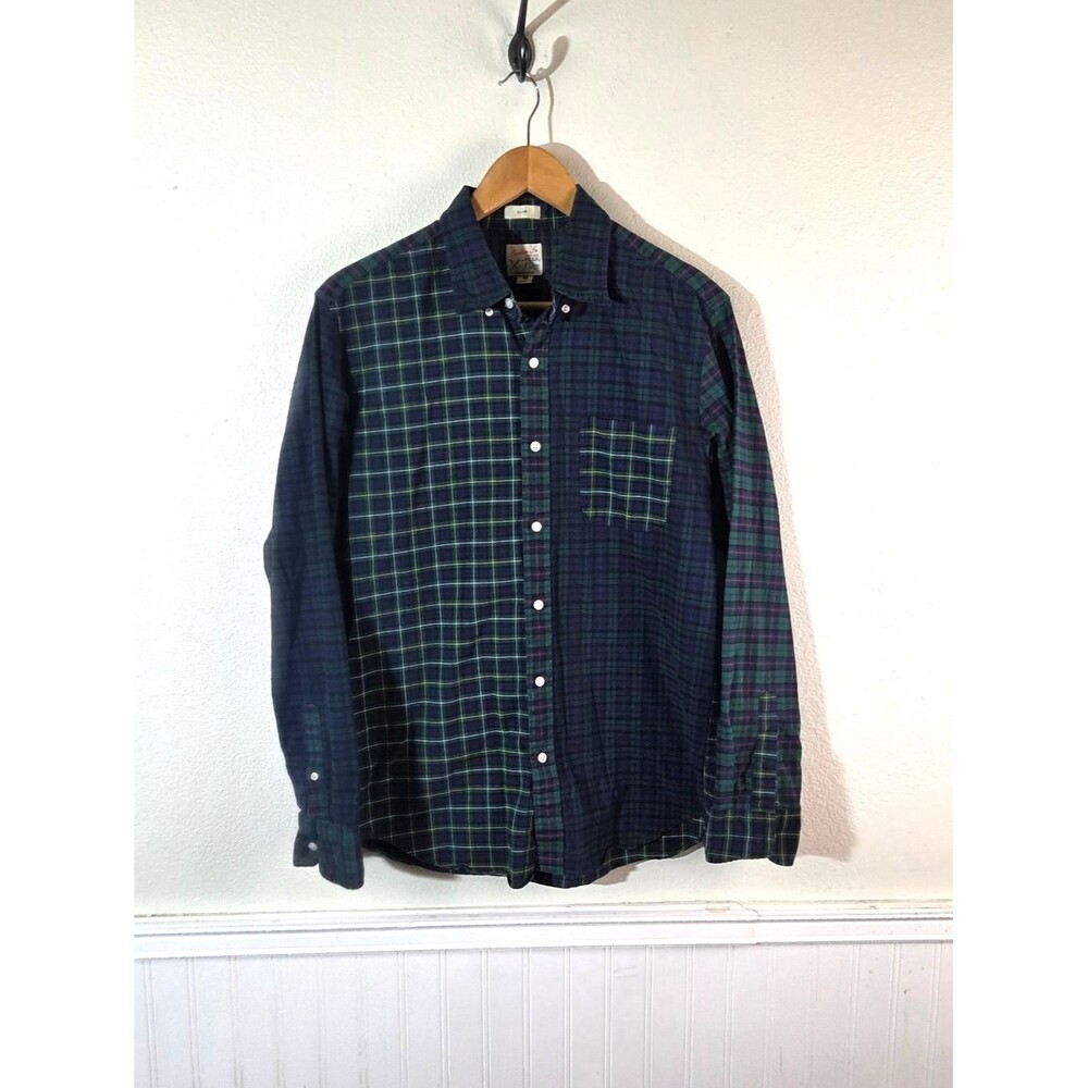 J.Crew Broken In Oxford Shirt Men M Slim Blue Plaid Patchwork Organic Cotton
